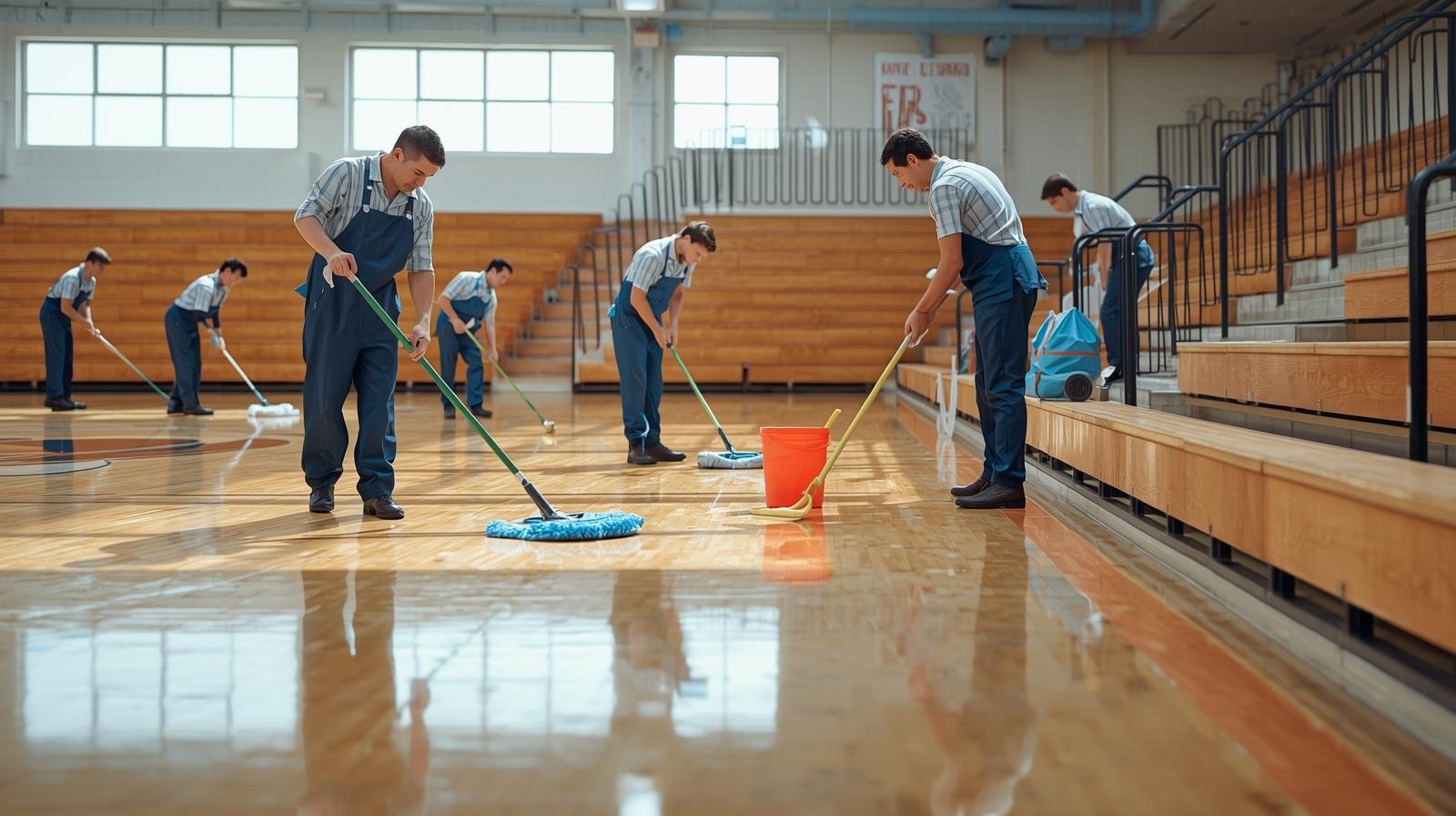 A diverse group of Caucasian men, all appearing to be professional cleaners, are depicted in a well-lit, clean environment. The image showcases them in action, perhaps in the process of polishing floors or