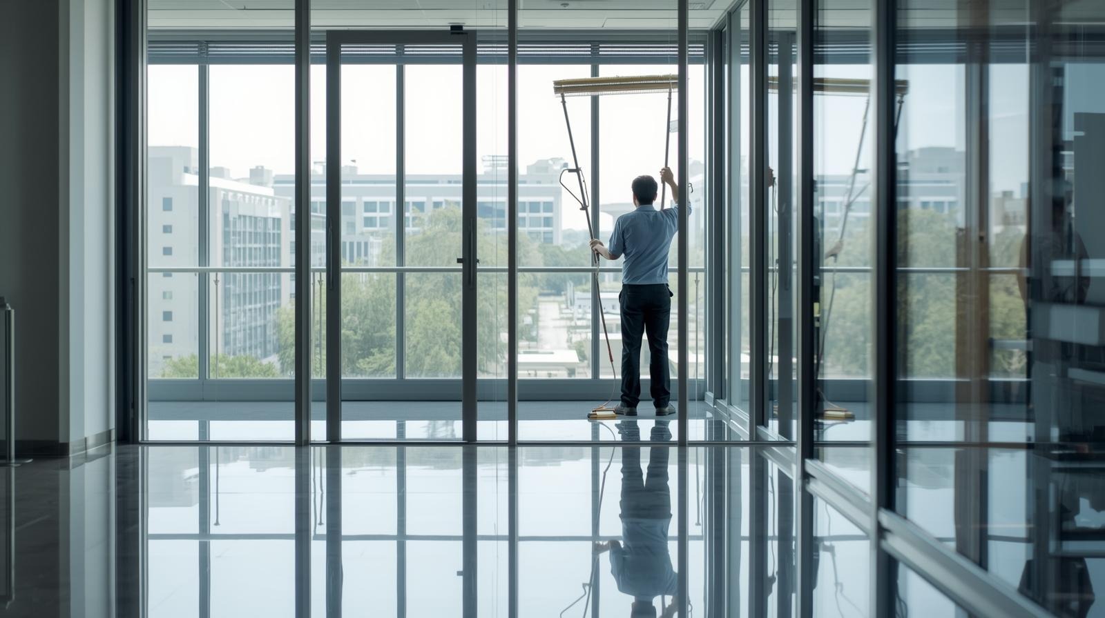 staff cleaning window, office, floor